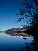 Calm waters of Derwent Water shortly after dawn, Lake District, Cumbria, England, UK