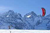 France, Alps, Hautes Alpes, snowkite at col du Lautaret