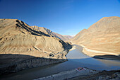 Confluence of Zanskar river into Indus, valley of Indus, Ladakh, Jammu and Kashmir, India