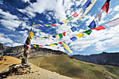 Prayer flags at pass near Lingshed, Kiupa La, Zanskar Range Traverse, Zanskar Range, Zanskar, Ladakh, India
