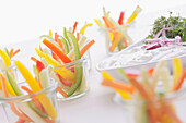 Strips of diferent coloured pepper with dip, Food