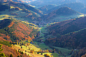 View from Belchen mountain over the valley towards Kleines Wiesentall and in the direction of the Swiss Alps, Autumn, Southern part of the Black Forest, Black Forest, Baden-Wuerttemberg, Germany, Europe