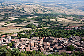 View of Radicofani and Val d'Orcia from the Rocca di Radicofani, Val d'Orcia, south of Siena, Tuscany, Italy