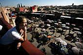 View overlooking the spice market from the roof of cafe, The Spice Cafe, a tourist cafe, in the spice souk, Marrakesh, Morocco.