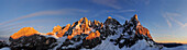 Panorama with rock crags of Pala range in sunset, Pala range, Dolomites, UNESCO World Heritage Site Dolomites, South Tyrol, Italy, Europe