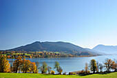 View to lake Tegernsee in the sunlight, lake Tegernsee, Upper Bavaria, Bavaria, Germany, Europe