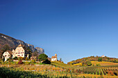 Gutshof und Kirche in herbstlich verfärbten Weinbergen mit Felswand im Hintergrund, nahe Kalterer See, Südtirol, Italien, Europa