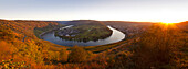 Panorama view of the Moselle sinuosity near Kroev at sunset, Moselle river, Rhineland-Palatinate, Germany, Europe