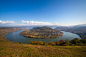 View of the Rhine sinuosity under clouded sky, Boppard, Rhine river, Rhineland-Palatinate, Germany, Europe