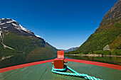 Bow of boat on Lovatn lake, Near Loen. Lodal Valley. Nordfjord. Norway.