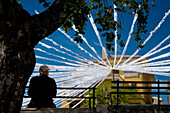 Man sitting by tree in front of white bunting in Caimari square, rear view, Majorca, Ballearic Islands, Spain