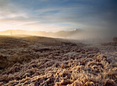 Frosted fields and misty valley, Aonach Mor near Spean Bridge, Inverness-shire, Scotland, UK