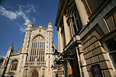 West facade of Bath Abbey and Roman Baths, Bath, Somerset, England, UK
