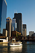 Tour boat at downtown Chicago River area, Chicago, Illinois, USA