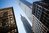 Tilt shift lens image - looking up at Skyscrapers in Manhattan, Manhattan, New York. USA.