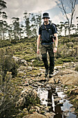 Hiking across Tasmanias wilderness, Walls of Jerusalem National Park, Tasmania, Australia