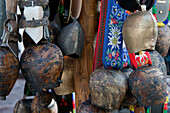 Traditional cow bells at a souvenir shop, Mittenwald, Upper Bavaria, Bavaria, Germany