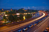 View of streets and the river Saar in the evening, Saarbruecken, Saarland, Germany, Europe