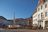 St. Johann marketplace with fountain in the sunlight, Saarbruecken, Saarland, Germany, Europe