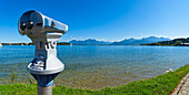 Binoculars at lakeside, lake Chiemsee, Prien, Chiemgau, Upper Bavaria, Germany