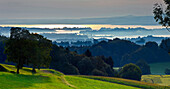 View from Ratzinger Hoehe over lake Chiemsee and Fraueninsel, Chiemgau, Upper Bavaria, Germany