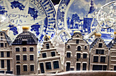 Delft porcelain on display in a shop window, Amsterdam, Netherlands