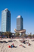Spain-Barcelona City-Barceloneta District-Barceloneta Beach-Sun Bathing