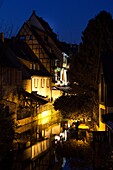 France, Haut-Rhin, Alsace Region, Alasatian Wine Route, Colmar, Petite Venise area by Lauch River, evening