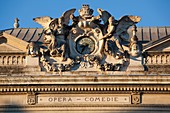 France, Languedoc-Roussillon, Herault Department, Montpellier, Place de la Comedie, detail of Opera-Comedie theater