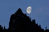 Waning gibbous moon setting over rock spire, Yosemite National Park, California