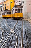 Tram on Rua de Sao Tome, Alfama district, Lisbon, Portugal