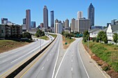 Georgia, Atlanta, Freedom Parkway, downtown, skyline, skyscraper, divided highway, expressway, roadway, transportation system, exit, traffic, lines, downtown