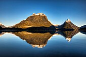 Mitre peak, winter sunrise, Milford Sound, Fiordland National Park.