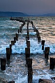 Braun & Blanchard  famous old pier, storm approaching at sunset, Puerto Natales, Patagonia, Chile