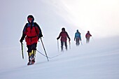 Climbers descend Jabet Peak, in blizzard above Port Lockroy, Weincke Island, Antarctic Peninsula