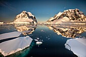 Lemaire Channel reflection at sunset, Antarctic Peninsula.