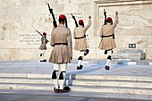 Soldiers Evzones on guard in the Monument to the Unknown Soldier and Parliament Royal Palace  Syntagma Square  Athens  Greece