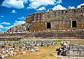 Though there are numerous representations of the rain god Chaac throughout Yucatán, nowhere are they as apparently obsessive as they are in the Codz Poop at Kabáh  One of the most prominent buildings at Kabáh is the Palace of the Masks  This large buildin