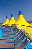 Yellow and blue canopies on the deck of the cruise ship Costa Deliziosa