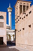 The minaret of the Grand Mosque in the Bastakiah quarter of Dubai Creek in Dubai, UAE, Persian Gulf