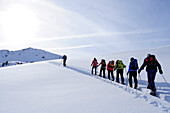 Group of people backcountry skiing, ascending to Pallspitze, Pallspitze, Langer Grund, Kitzbuehel Alps, Tyrol, Austria
