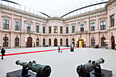 Two guns in atrium with red carpet, German Historical Museum, Zeughaus, Unter den Linden, Berlin center, Berlin, Germany