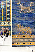 Sculpture, mural, visitors, Pergamon Museum, the Pergamon temple, antique collection, blue wall tiles, Museum Island, Berlin State Museums, Prussian Cultural Heritage Foundation, Berlin, Germany