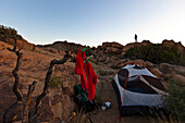 Tent and socks at Joshua Tree National Park at dusk, Riverside County, California, USA, America