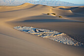 Mesquite Flat Sanddünen, Schlammkruste und Büsche im Death Valley Nationalpark, Kalifornien, USA, Amerika