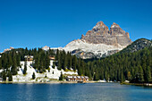 Lake Misurinasee with Tre Cime di Lavaredo, Dolomites, South Tyrol, Italy, Europe