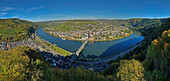 High angle view of Mosel sinuosity and Traben-Trarbach, Rhineland-Palatinate, Germany, Europe