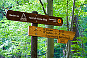 Signpost at Heinrich Heine Hiking Trail, Ilsenburg Abbey, Ilsenburg, Harz, Saxony-Anhalt, Germany