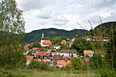 View of the church with houses in the valley, Lautental, Harz, Lower Saxony, Germany