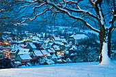 View on St Andreasberg from Glockenberg at dusk, snow, winter, Harz, Lower Saxony, Germany